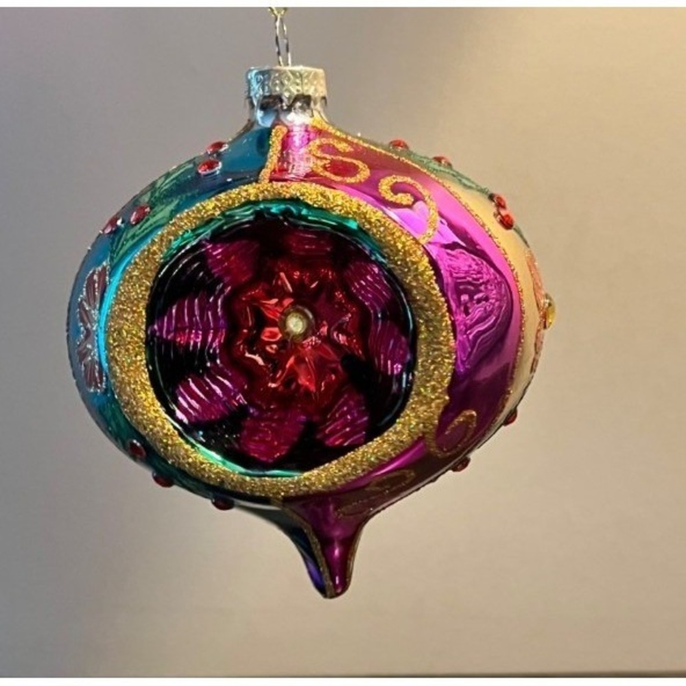 RAZ Imports Multicolor Reflector Glass Christmas Ornament Holly Floral 4.25" NWT